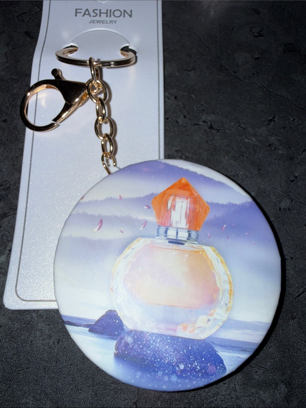 Gold & Purple Perfume Bottle Compact Mirror Keychain -